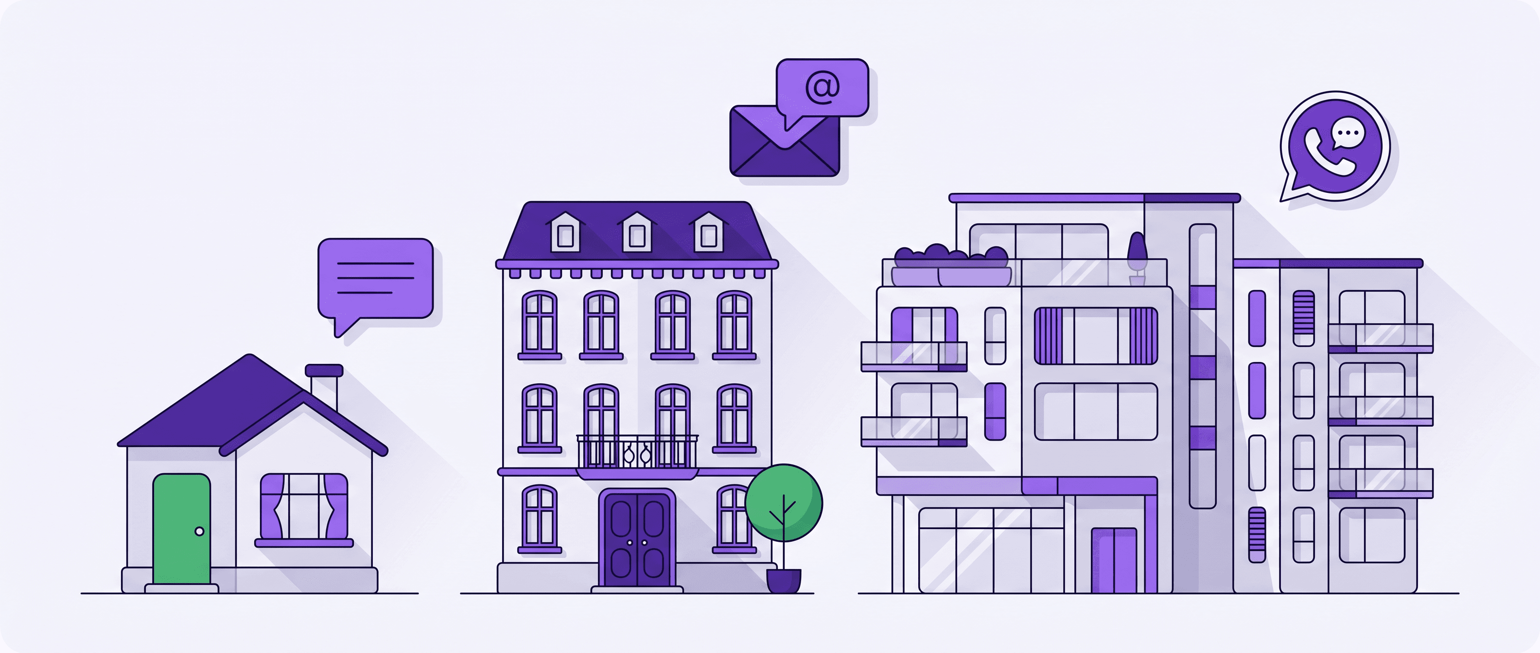 Illustration: Einfamilienhaus, Mehrfamilienhaus und moderne Wohnanlage, über denen Mieteranfragen per WhatsApp, SMS und E-Mail eingehen